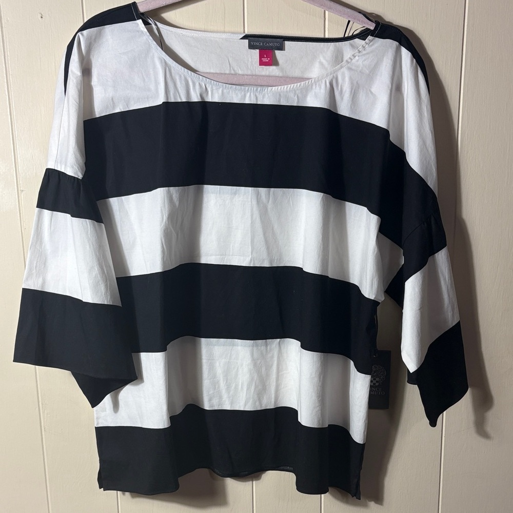 NWT Vince Camuto L Bold Black and White Striped cotton Blouse